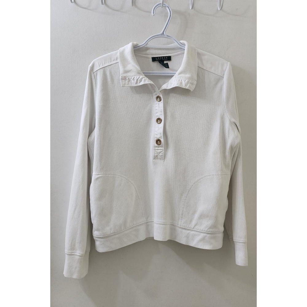Lauren Ralph Lauren Womens White Ribbed Cotton Henley Pullover Sweater Size M